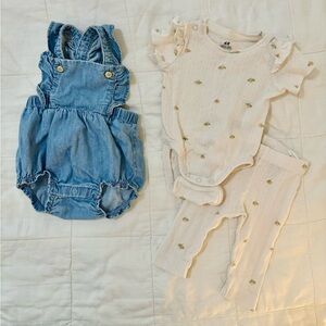 H&M Newborn Girl Outfits - Denim Romper with a Peach Print Onesie/Pant Set